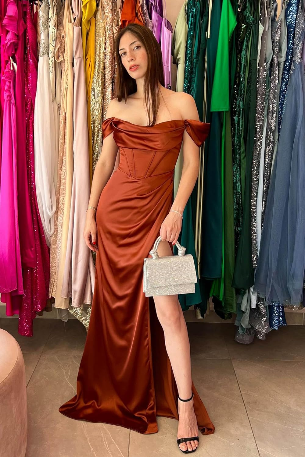 Burgundy Satin Off The Shoulder Slit Prom Dress Evening Dress Y7831