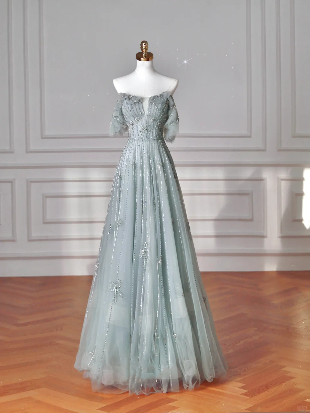 Pretty Light Green Square Neck Tulle Beaded Prom Dress,A Line Evening Dress Y8612