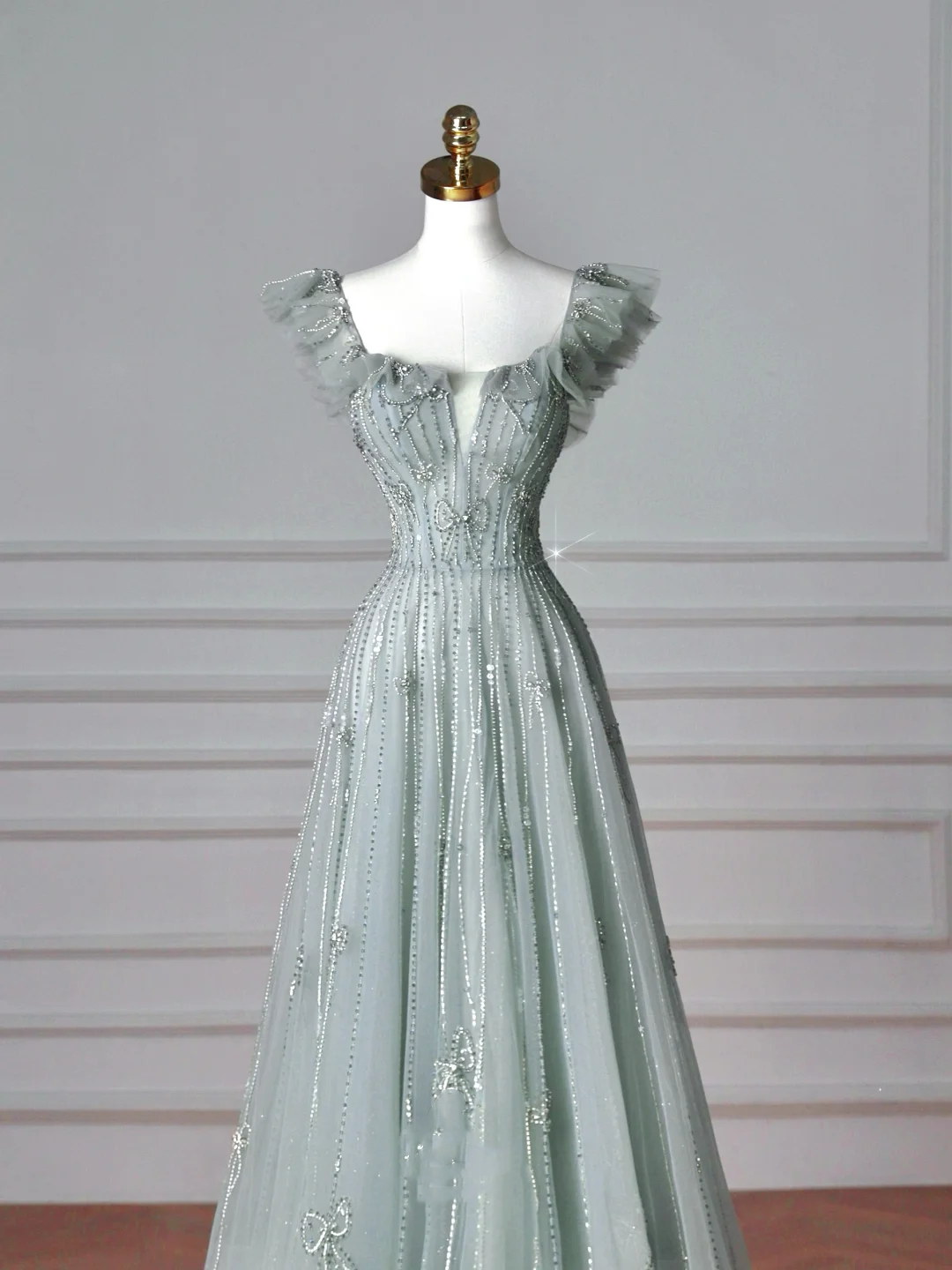 Pretty Light Green Square Neck Tulle Beaded Prom Dress,A Line Evening Dress Y8612