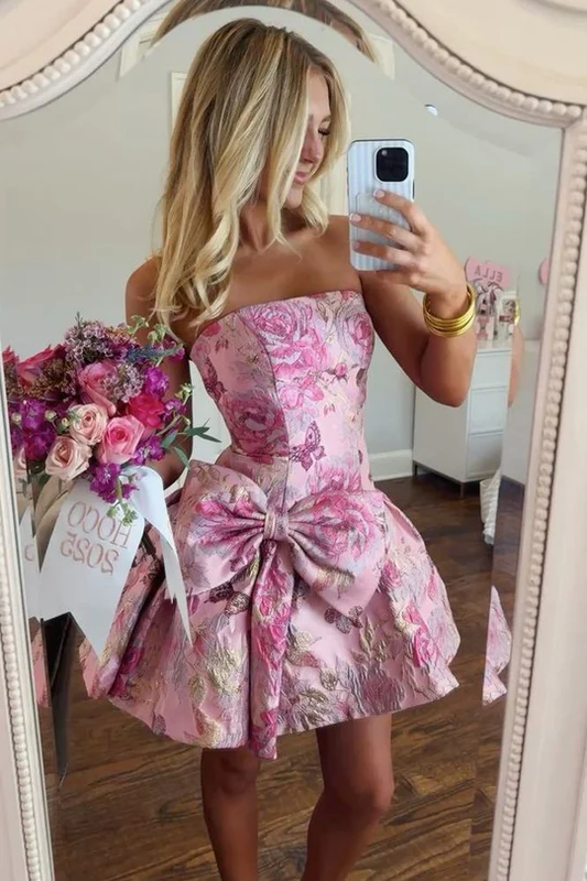 Pretty Strapless Pink Satin Print Floral A Line Short Homecoming Dress Birthday Outfit With Bow SP2796