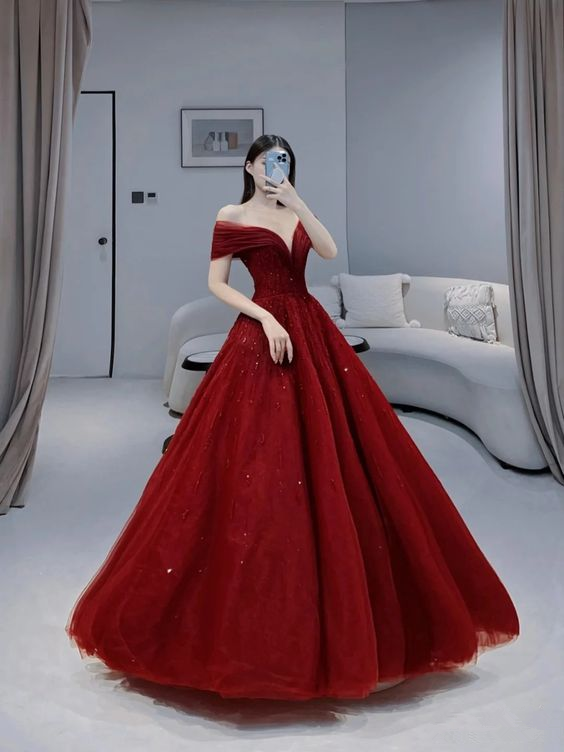 Off The Shoulder Red A-line Prom Dress,Princess Prom Gown Y6027
