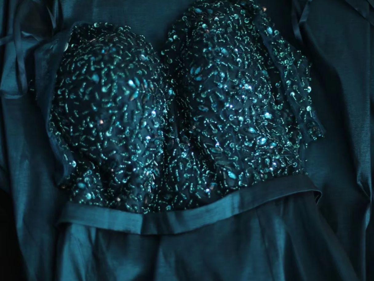 Glamorous Blue V Neck Satin Beaded Mermaid Party Dress Slit Long Wedding Guest Dress Prom Gown SP1264