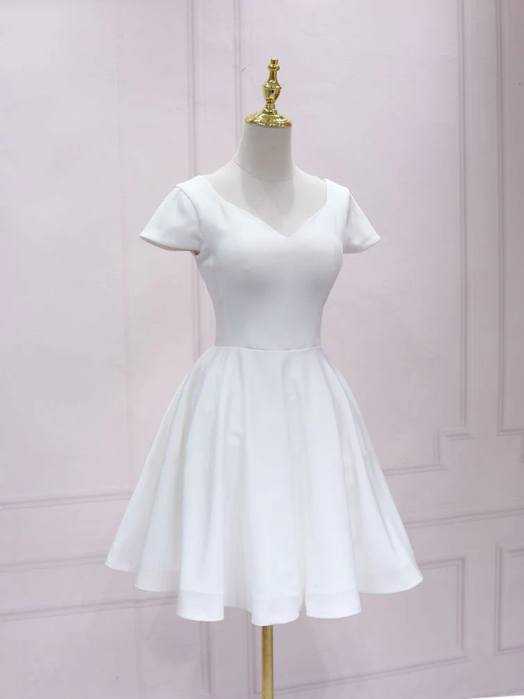 White Satin Short Homecoming Dress Lace Back s45