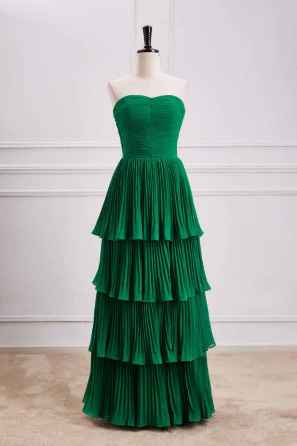 Green Strapless Ruffle Multi-Layer Long Prom Dress Y7373