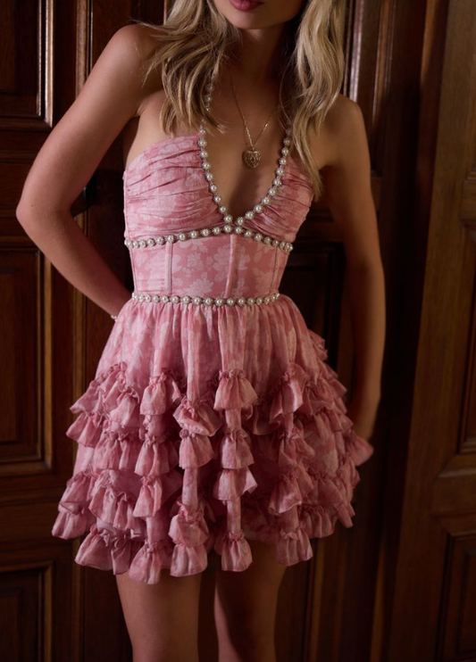 Cute Pink Halter Satin Print Floral Beaded A Line Short Homecoming Dress Formal 21st Birthday Outfits SP48