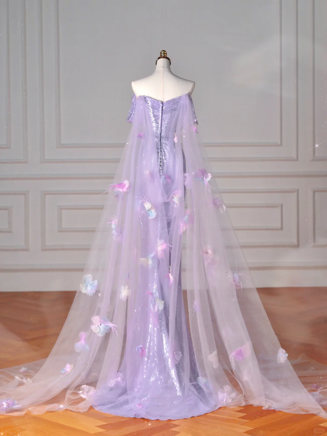 Glitter Lilac Sequin Tulle Beaded Mermaid Slit Evening Dress,Off The Shoulder Tulle Appliques Prom Dress Y8632