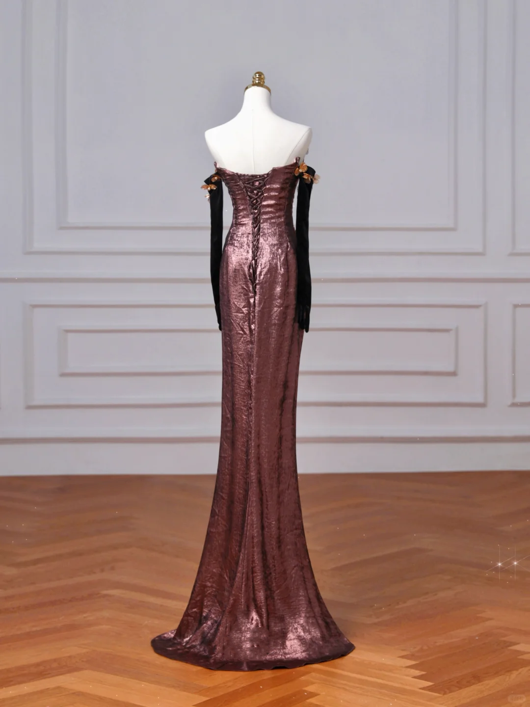 Vintage Off The Shoulder Satin Appliques Long Prom Dress,Mermaid Slit Evening Dress Y8613