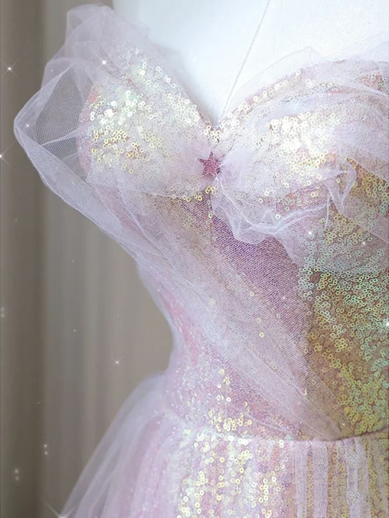 Shiny Tulle Sequins Long Prom Dress, A-Line Off the Shoulder Evening Dress Y1416
