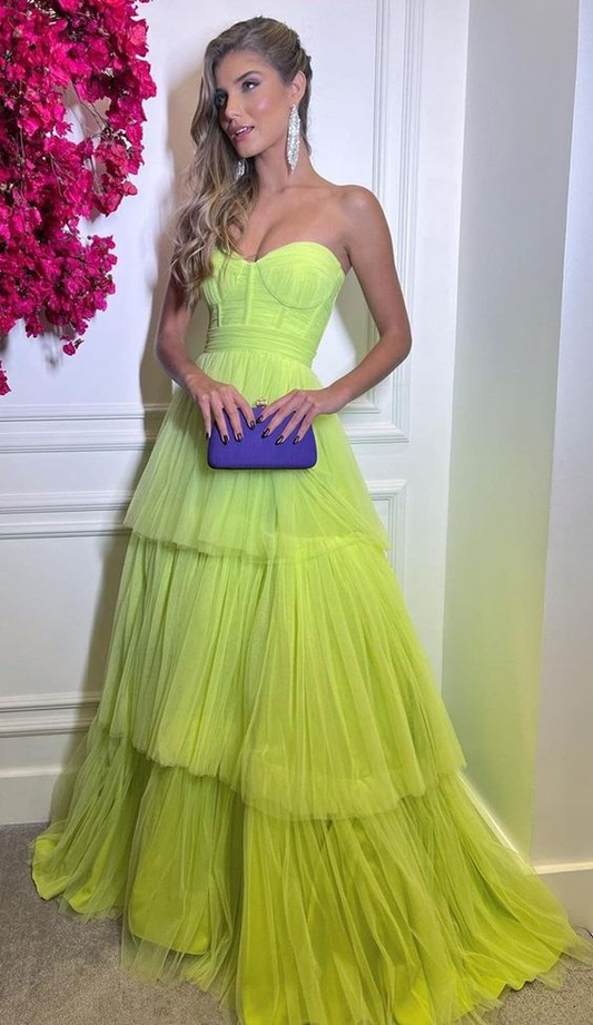 Green sweetheart a-line tulle long prom dress formal Evening dresses Y5465
