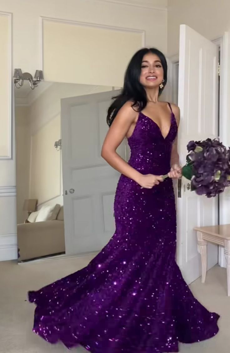 Sparkly Spaghetti Straps V Neck Purple Sequin Mermaid Evening Dress Long Guest Dress SP394