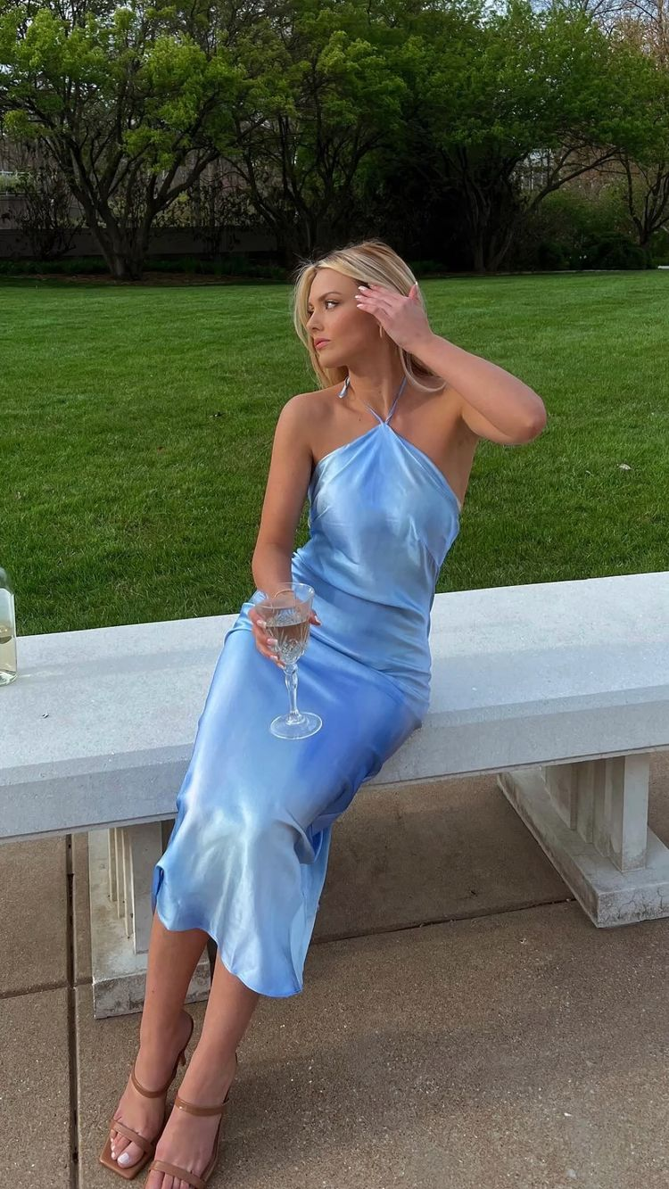 Women's Halter Neckline Blue Prom Dress,Wedding Guest Dress Y3024