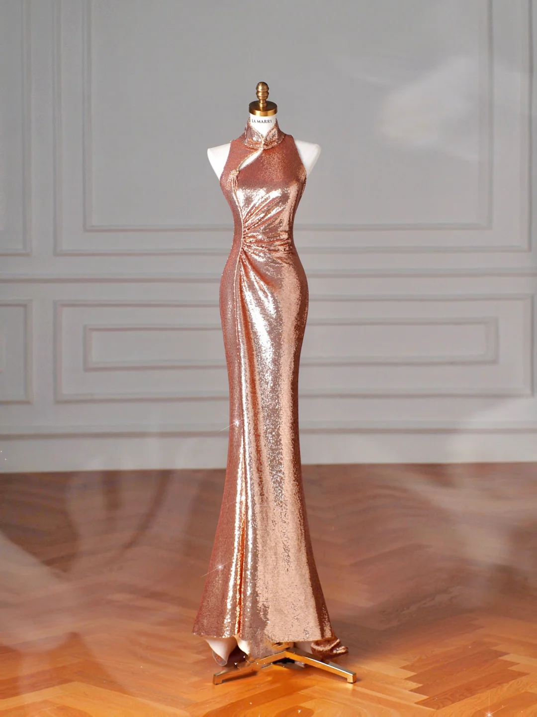 Classy Rose Gold Sequin Mermaid Long Prom Dress Backless Evening Dress Y8635