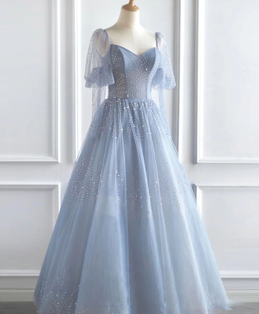 V Neck Tulle Sequin Blue Long Prom Dress, Blue Formal Graduation Dress Y4453