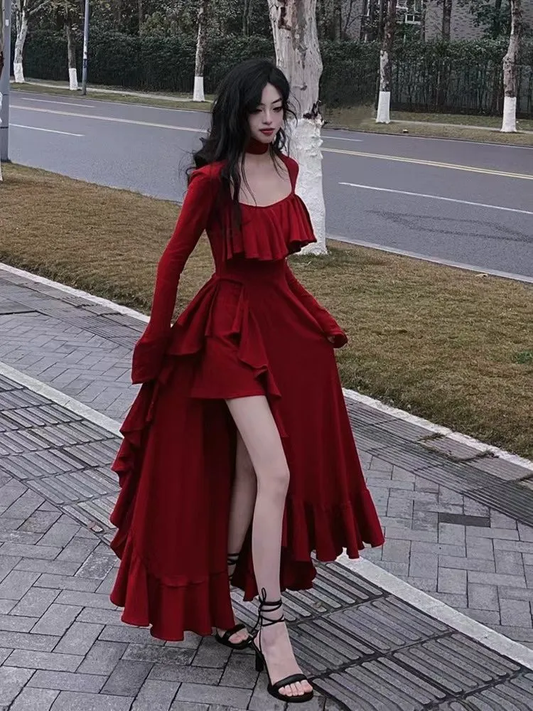 Women Autumn Long Sleeve Midi Dress Elegant Ruffles Red Square Neck Irregular Prom Dress Y5190