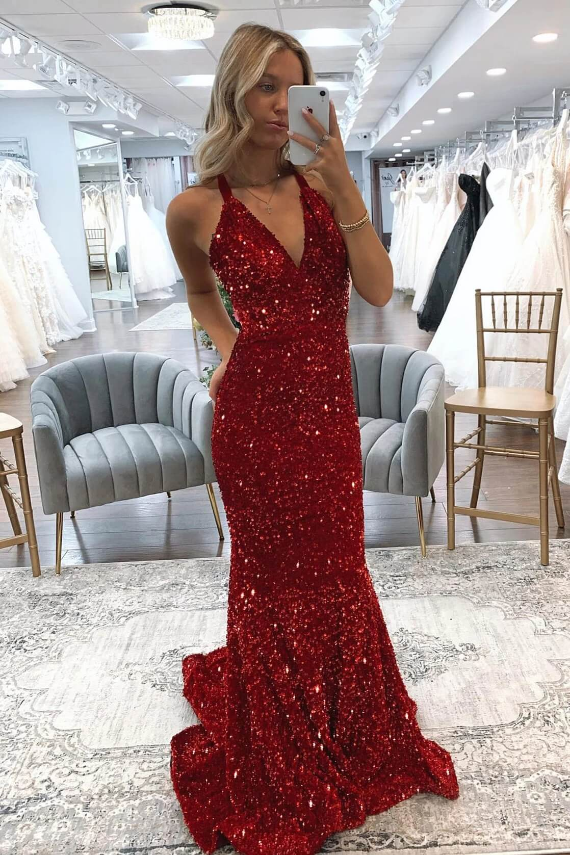 Red Mermaid Formal Dresses Sequins V Neck Long Prom Dress Crossed Back Sweeping Y4290