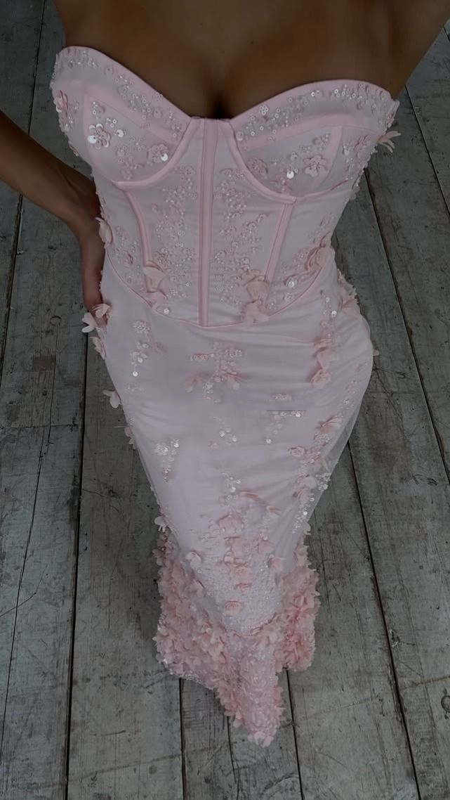 Pretty Sweetheart Neck Pink Satin Beaded Appliques Mermaid Party Dress Long Birthday Prom Gown SP1035