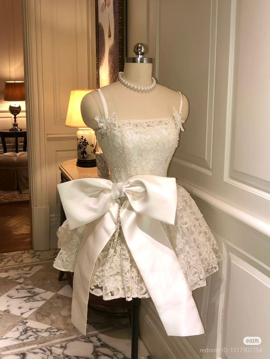 Cute Ivory Lace Mini Homecoming Dress Birthday Dress With Bow Y8796