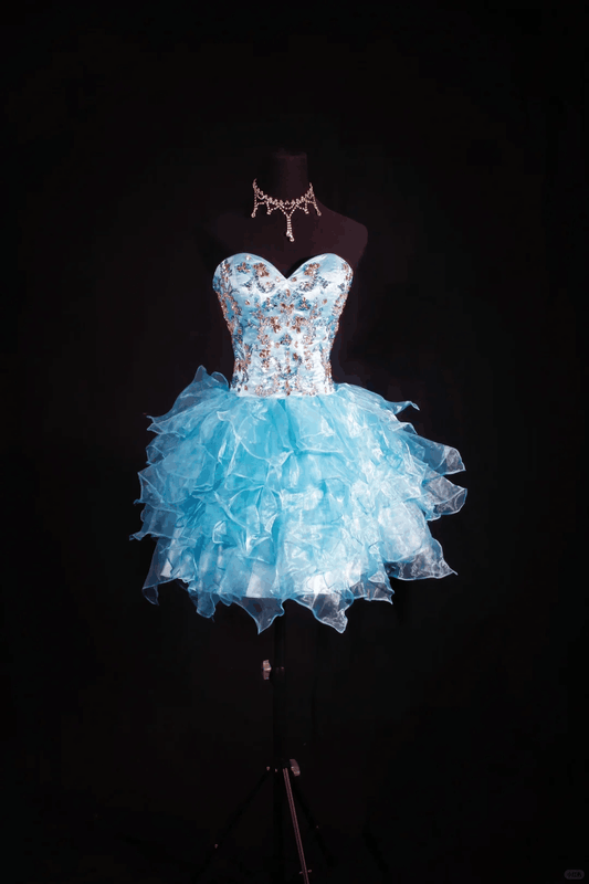 Pretty Sweetheart Neck Satin Tulle Beaded Short Birthday Outfits,Light Blue A Line Short Homecoming Dress SP2833