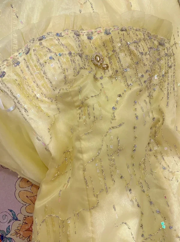 Cute Strapless Yellow Satin Beaded Mermaid Long Party Gown Formal Prom Dress SP410