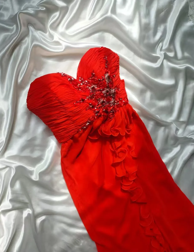 Pretty Strapless Beaded Chiffon Ruffles Mermaid Long Party Dress Red Slit Prom Dresses SP415