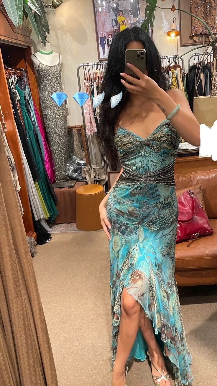 Vintage Blue Chiffon Print Floral Mermaid Party Dress Prom Gown SP689