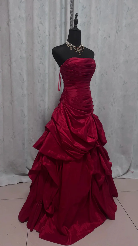 Retro Strapless Ball Gown Red Satin Pleated Long Party Dress Prom Gowns SP1724
