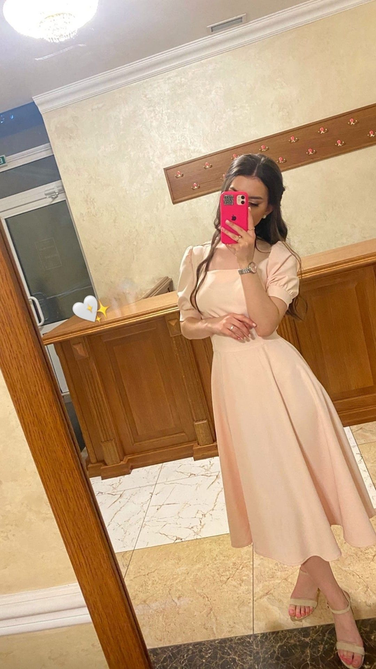 Retro Pink Square Collar A-line Prom Dress,Pink Party Dress Y4517