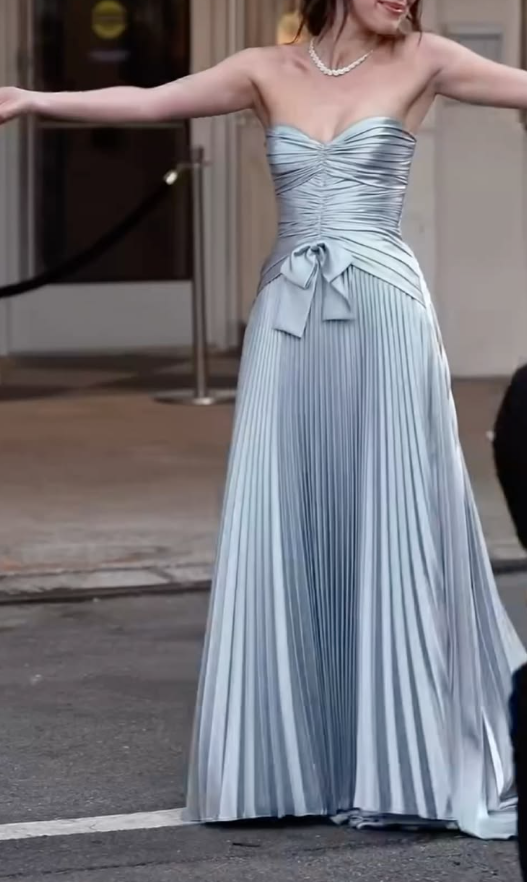 Glamorous Blue Satin Pleated Long Party Dress,Sweetheart Neck Long Wedding Guest Dress SP3341