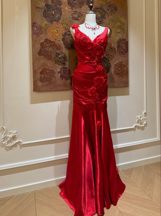 Elegant Red V Neck Satin Mermaid Long party Dress Birthday Outfits With 3D Flowers SP1779