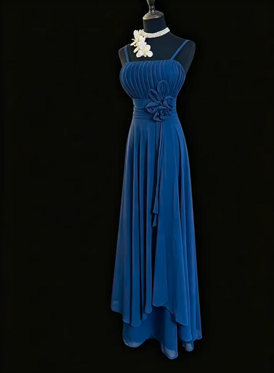Classy Spaghetti Strap Satin Chiffon Pleated Long Wedding Guest Dress Navy Blue Party Dress SP2766