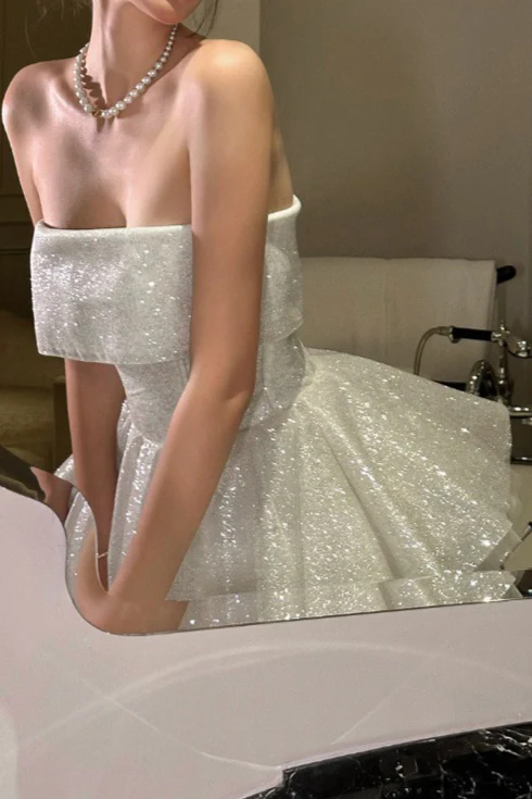 Glitter Strapless White Sequin A Line Short Homecoming Dress Birthday Dress SP2645