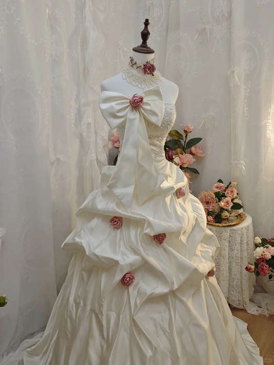 Elegant Strapless Bow Ball Gown White Satin Pleated Beaded Long Party Dress Birthday Dress With Rose Flowers SP2160
