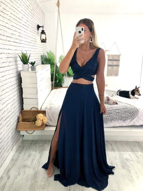 Elegant Two Piece Navy Blue Prom Dress,Graduation Dress Y7063