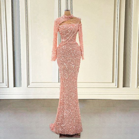Sparkly Sequin Pink Mermaid Long Prom Dresses For Graduation Party Luxury Full Sleeves Women Formal Evening Gowns Y6864