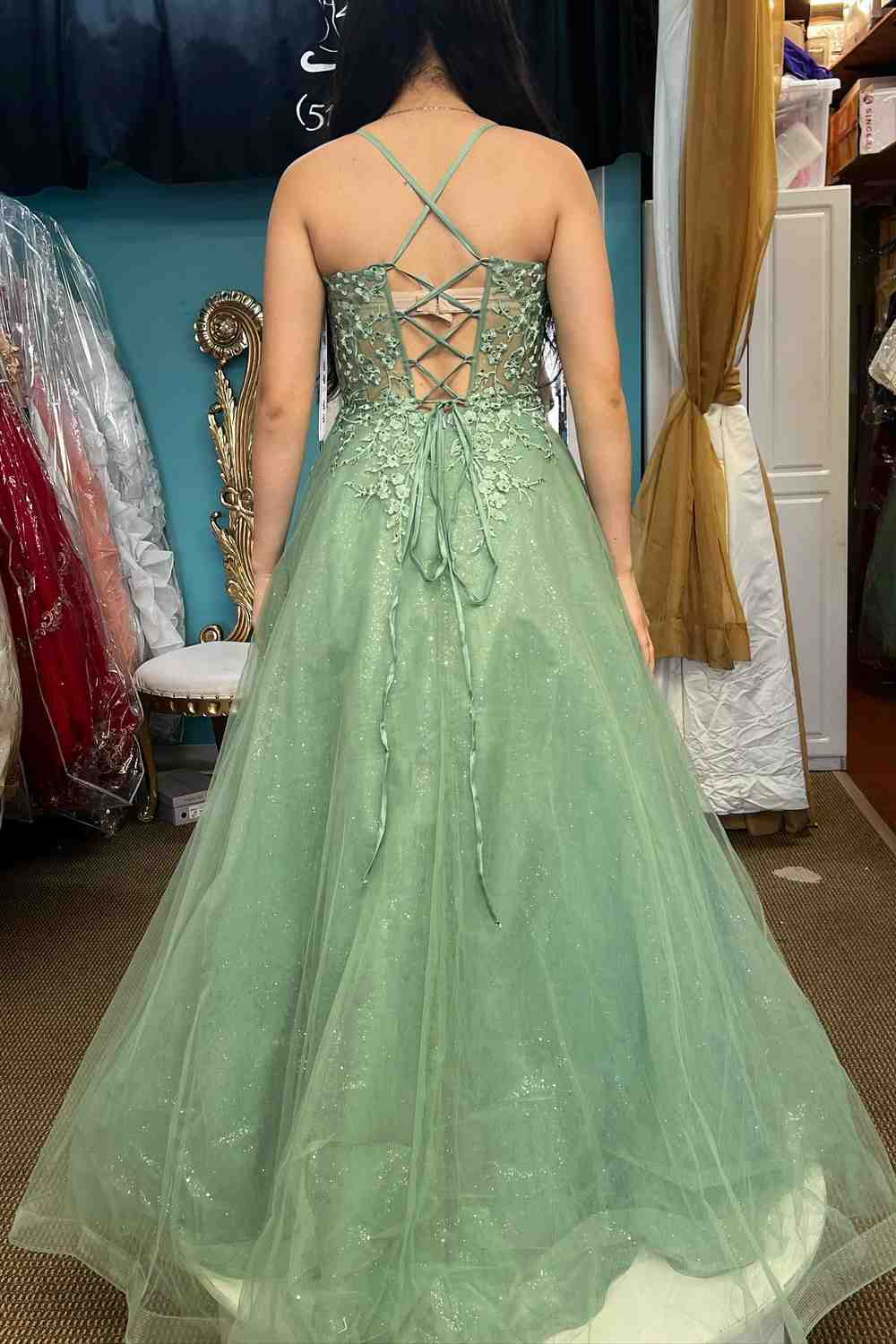 Dusty Sage A-line Lace-Up Back Applique Tulle Long Prom Dress Y4005