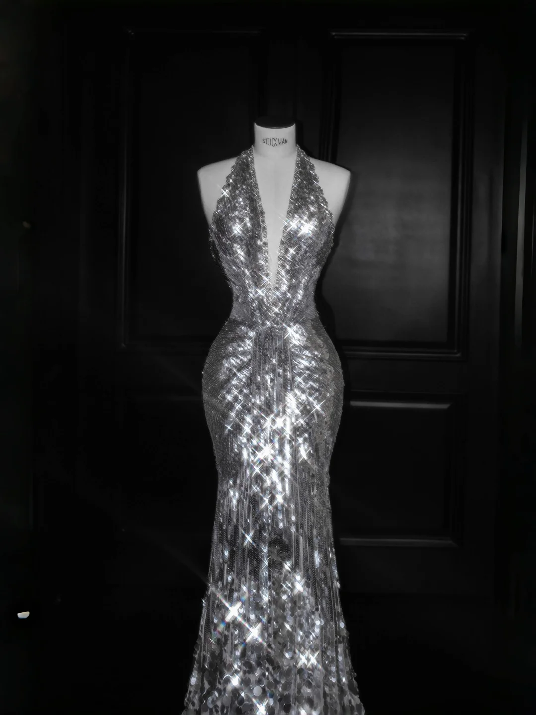 Sparkly Silver Deep V Halter Sequins Beaded Backless Evening Dress,Mermaid Prom Dress Y8687