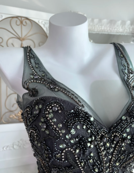 Fashion V Neck Black Tulle Beaded Mermaid Long Wedding Guest Dress Formal Birthday Party Dress Prom Gown SP1451
