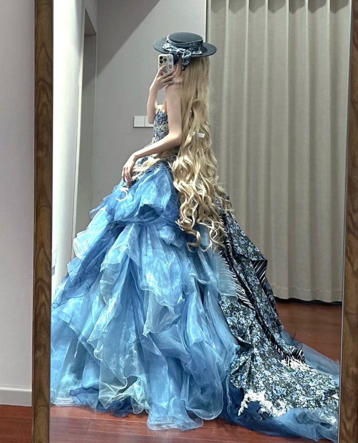 Elegant Strapless Ball Gown Blue Satin Print Floral Organza Quinceanera Dress Sweet 16 Dress SP1188
