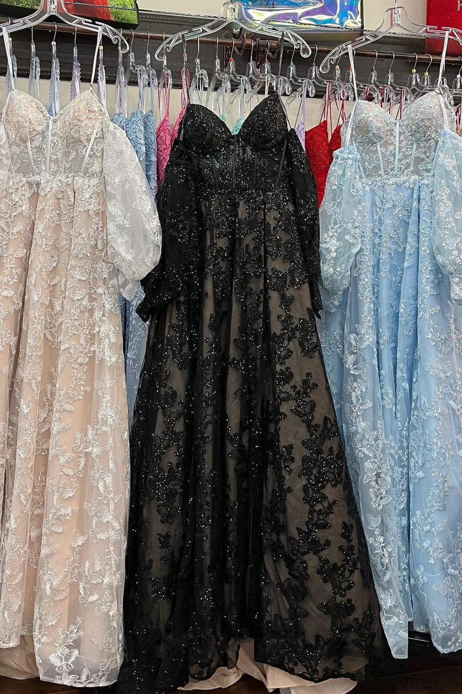 Sparkle Princess Bustier Puff Sleeve Lace Long Prom Dress Detachable Sleeves Evening Dress Y1805