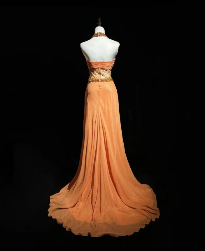 Unique Orange Halter Chiffon Beaded Mermaid Long Evening Dress Birthday Outfits SP1799