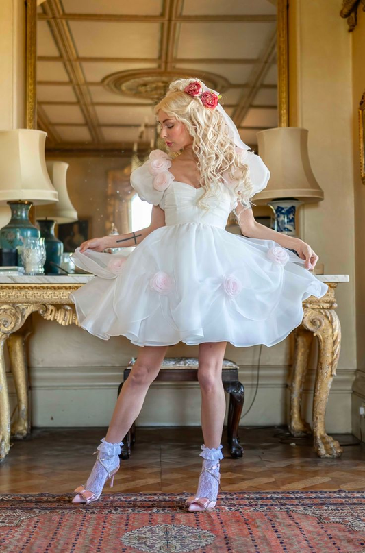 Classy White Tulle 3D Rose Flowers A Line Short 21st Birthday Outfits Formal Homecoming Dress SP172