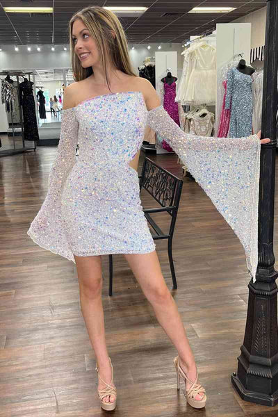 Sparkly Off The Shoulder White Sequin Sheath Short Homecoming Dress Cocktail Dress Y9916