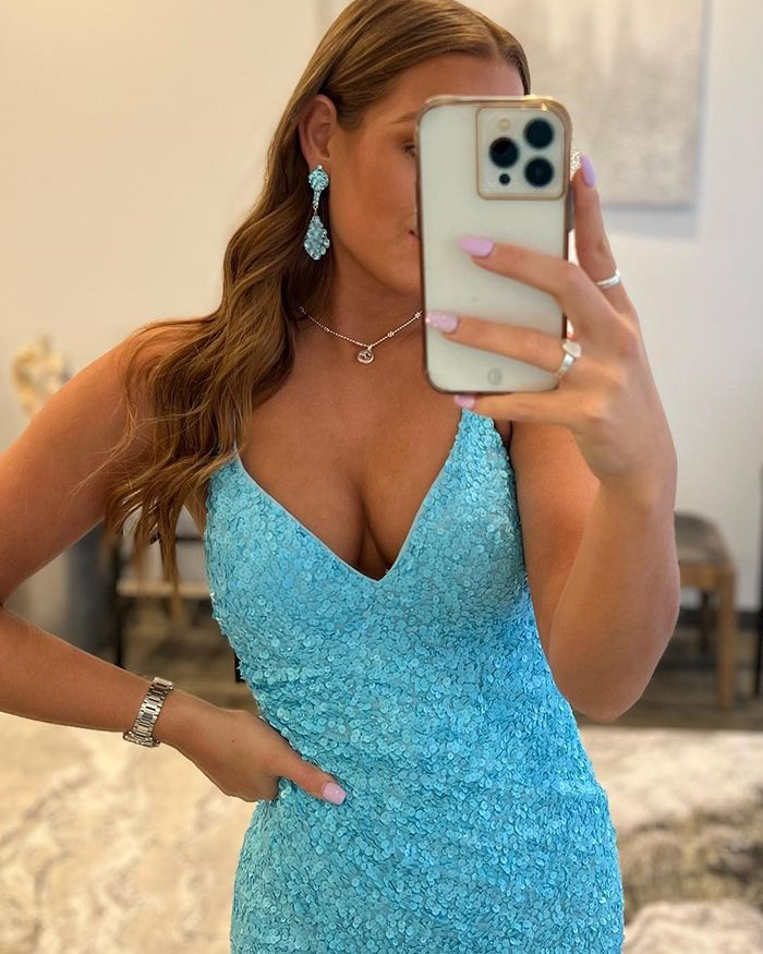 Spaghetti Straps Cyan Sequin Mermaid Prom Dress with Side Slit Y7203