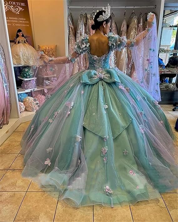 Lilac 3D Flowers Ball Gown Quinceanera Dresses Puff Long Sleeves Y6580
