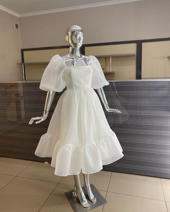 Retro Style Square Neckline A-line Prom Dress With Puff Sleeves Y6869