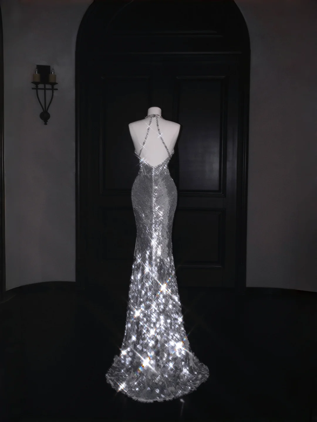 Sparkly Silver Deep V Halter Sequins Beaded Backless Evening Dress,Mermaid Prom Dress Y8687