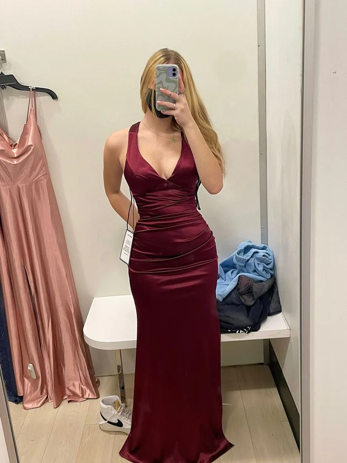Simple Burgundy V Neck Long Party Dress Formal Prom Dress Y7537
