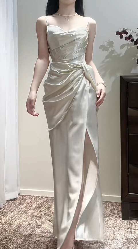 Elegant Spaghetti Straps Ivory White Satin Pleated Slit Mermaid Bridesmaid Dress SP423
