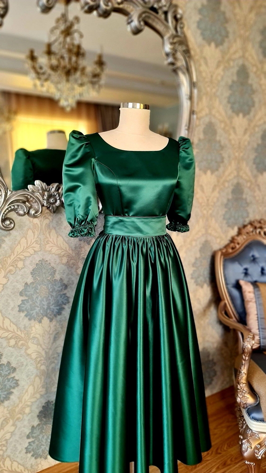 Modest Green Satin Midi-length Prom Dress,Green Party Dress Y4969