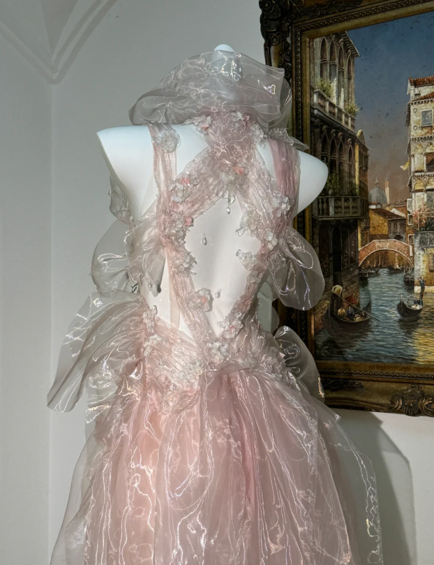 Fairy Pink Tulle Beaded Prom Dress,Long Backless Evening Dress Y8564